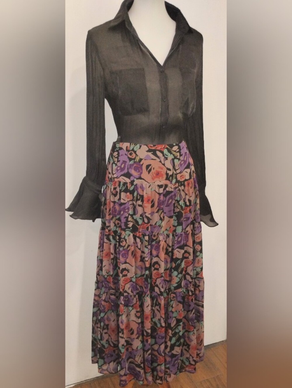 LAUREN BLACK LABEL FLORAL BROOMSTICK SKIRT
